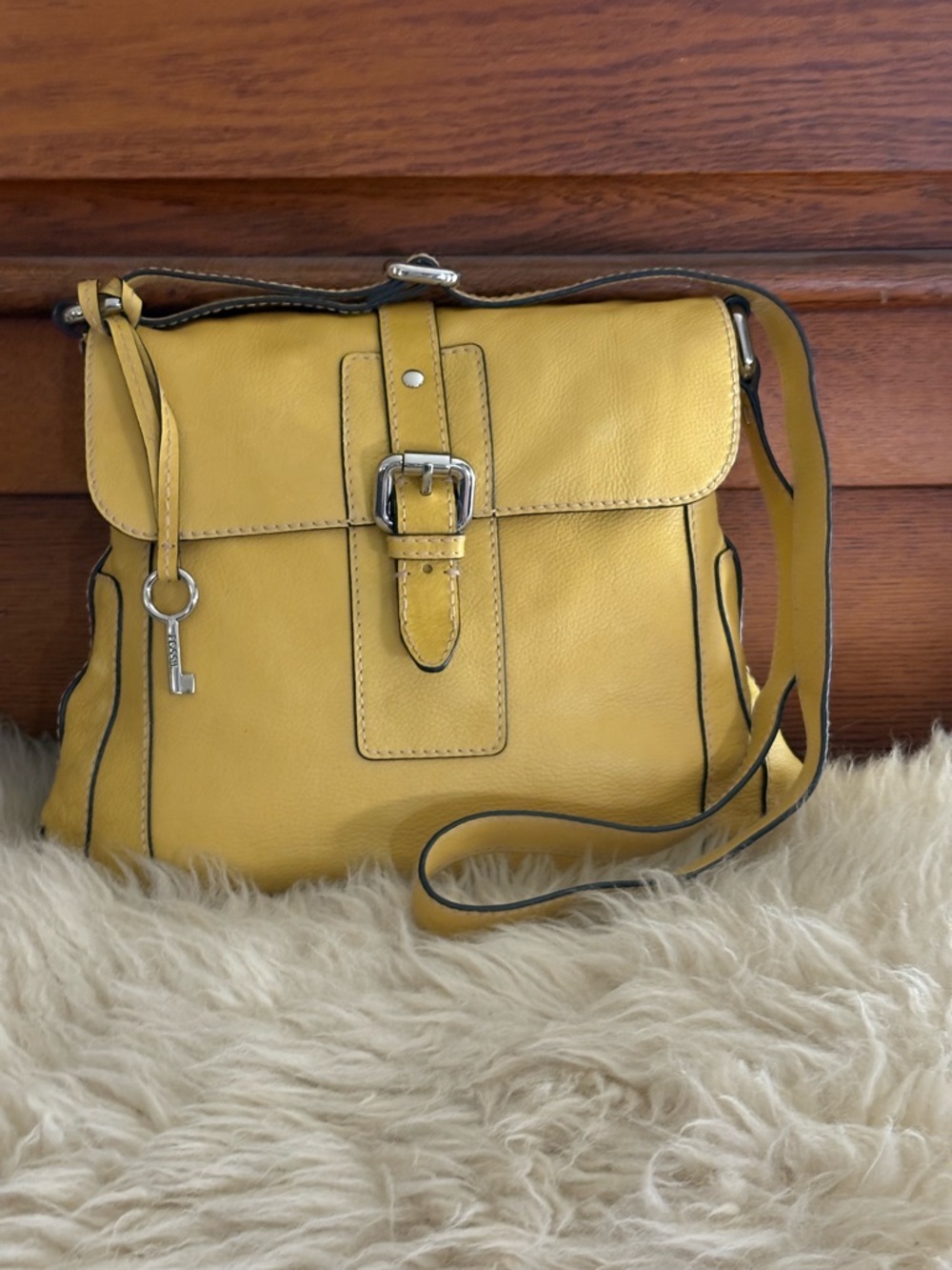 Fossil Yellow Leather Buckle Flap Crossbody Bag